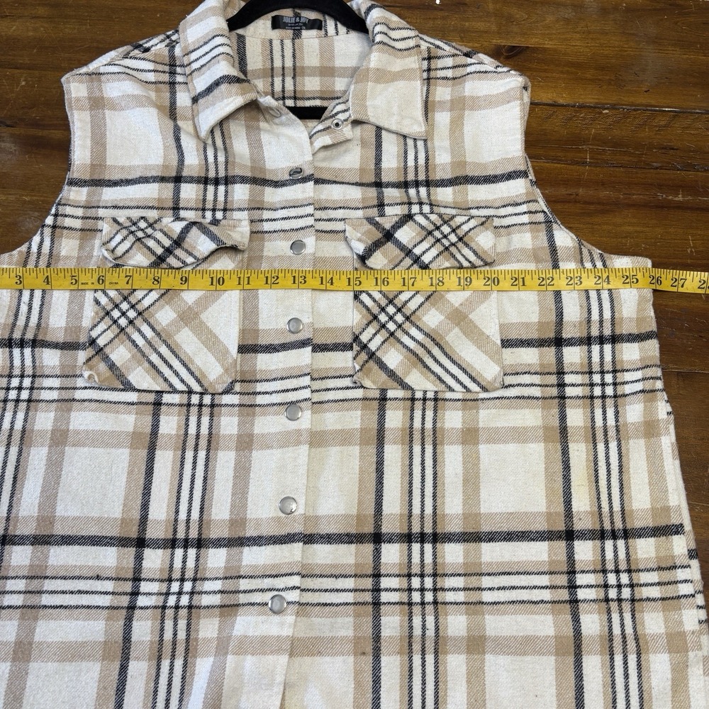 Jolie & Joy Plaid Flannel Vest Size 2X Beige Sleeveless Snap Button Frayed Hem - Picture 6 of 9